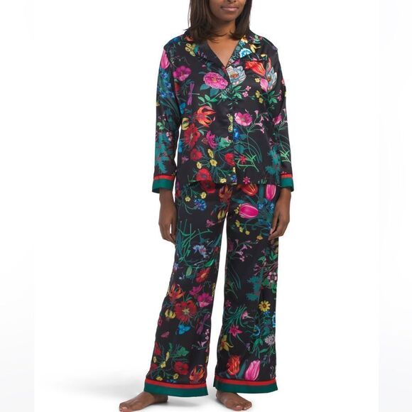 DALIA MACPHEE Black Satin Floral 2 pc Notched Long Sleeve Pants PJ Set - Picture 1 of 6